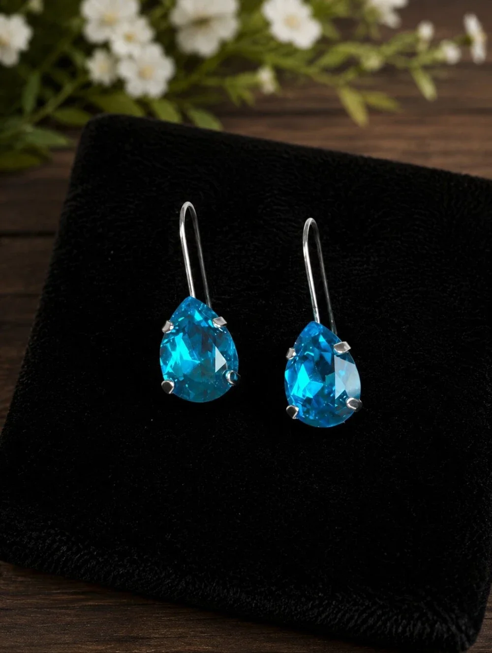 Pear Shape Blue Crystal Drop  Silver Earrings | Handmade